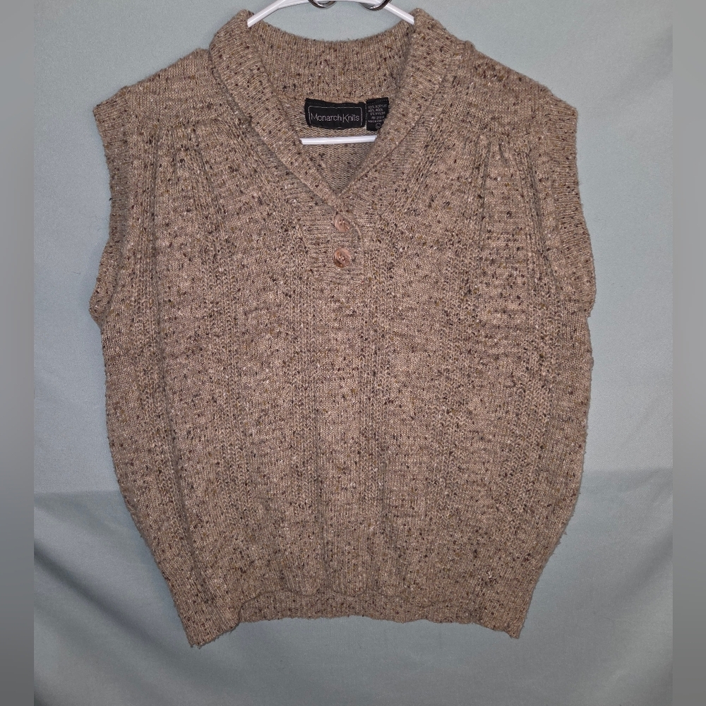 Monarch Knits Vintage 80s Sleeveless Wool Blend Beige V-Neck Sweater Womens Sz L